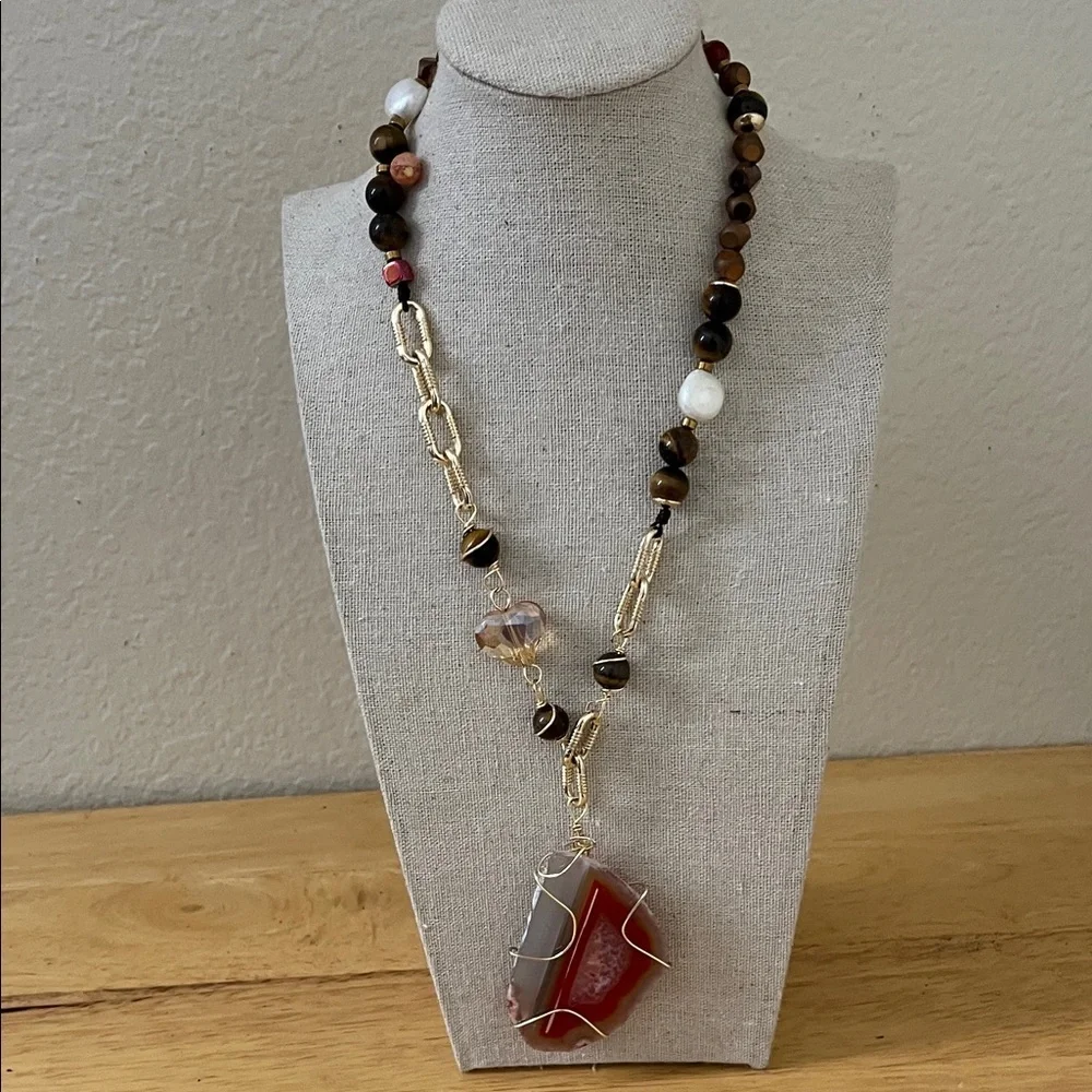 Tiger eye Beaded And Big Agate  Necklace Set